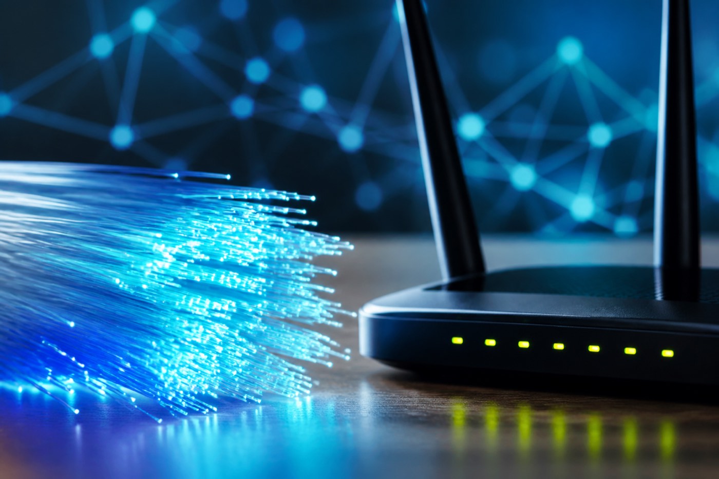 Kabel fiber optik dan router jaringan