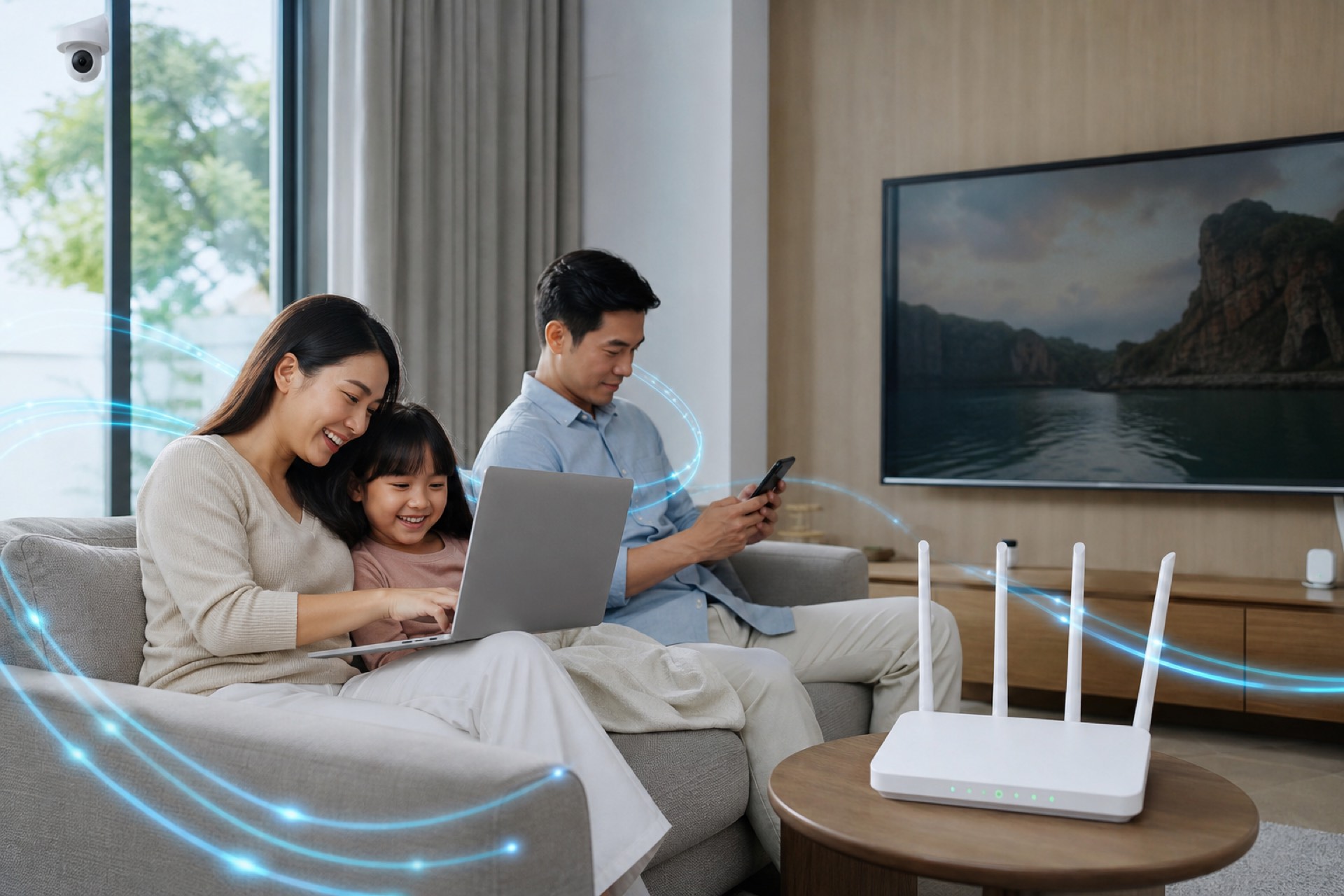 Keluarga menggunakan internet fiber optik, WiFi, IPTV, dan CCTV